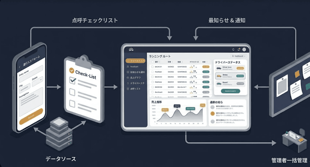 オールインワン業務管理システムの仕組み（現場入力から管理者ダッシュボードまで）